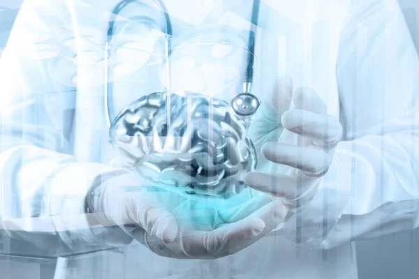 Doctor neurologist hand show metal brain with computer interface — Stock Photo, Image