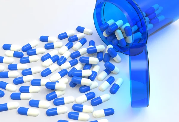 Pills 3d spilling out of pill bottle on white — Stock Photo, Image