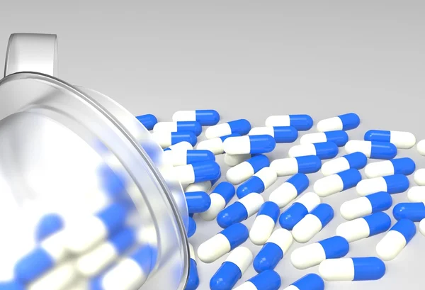 Tabletták, 3D-s ömlött ki pirulát üveg fehér — Stock Fotó