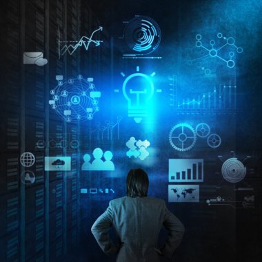 İş adamı kavram olarak modern teknolojiyle çalışıyor