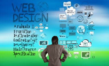 businessman looking at web design and diagram icons on blur natu clipart