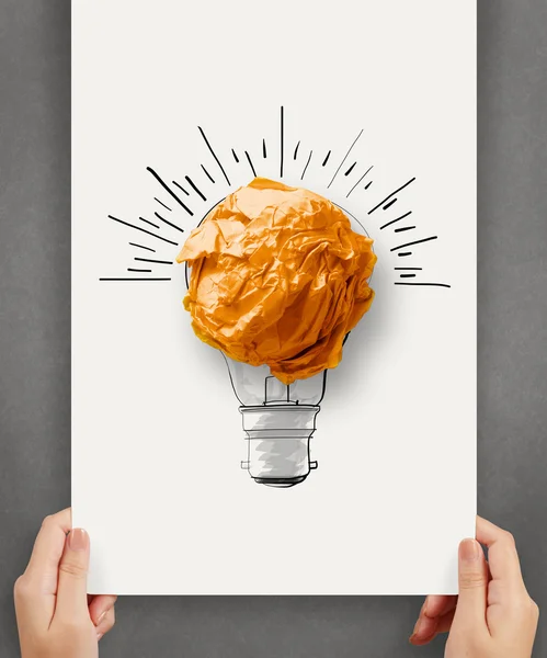 Hand drawn light bulb with crumpled paper ball on paper poster a — Stock Photo, Image