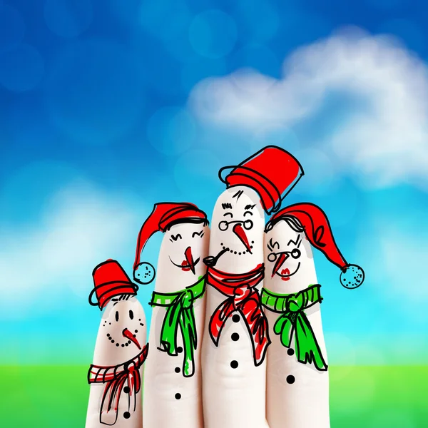 Uma linda mão de família desenhada e dedo de bonecos de neve, como ideia conceitual — Fotografia de Stock