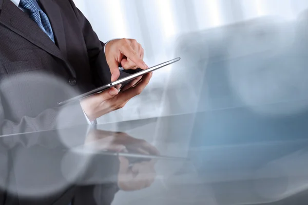 Businessman hand pressing a touchscreen button — Stock Photo, Image