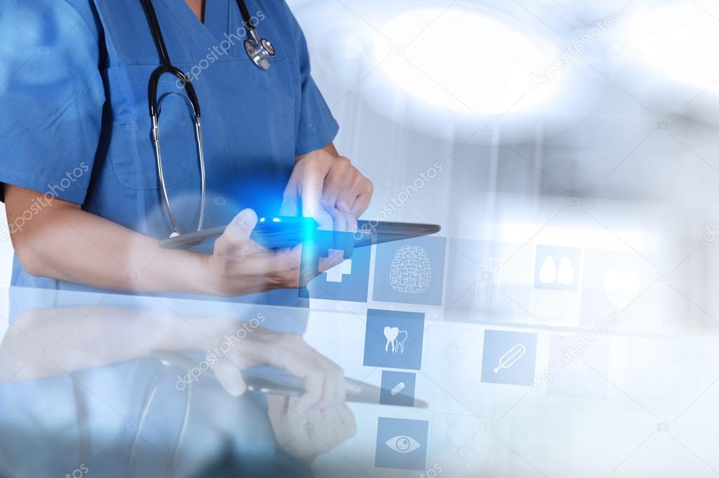 Medicine doctor hand shows tablet computer with medical computer