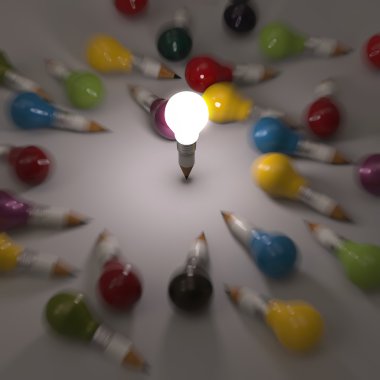 Çizim fikir kalem ve ampul kavramı yaratıcı ve leadersh