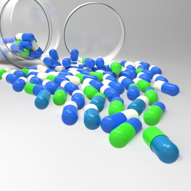 3D hap şişesi üzerinde beyaz dışarı dökülmesini hap 