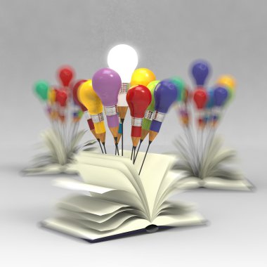 Çizim fikir kalem ve kitap dışında ampul konsepti 