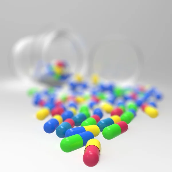 Pills 3d spilling out of pill bottle on white — Stock Photo, Image