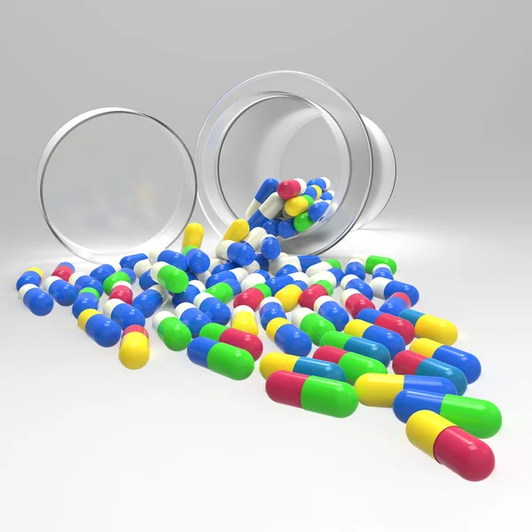 Таблетки 3d, що виливаються з пляшки таблеток на білому — стокове фото