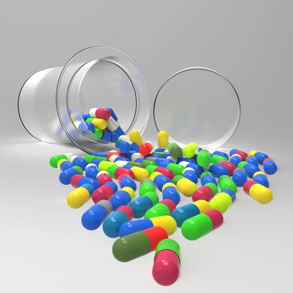 Piller 3d spilla ut piller flaska på vit — Stockfoto