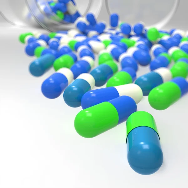 Pills 3d spilling out of pill bottle on white — Stock Photo, Image