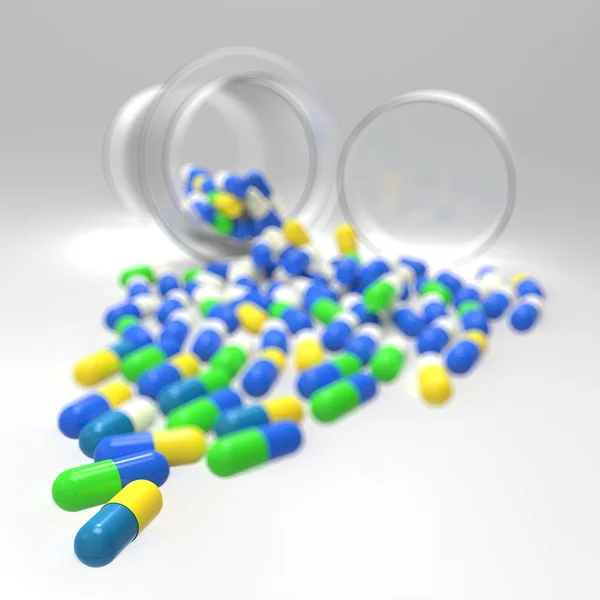 Pills 3d spilling out of pill bottle on white — Stock Photo, Image