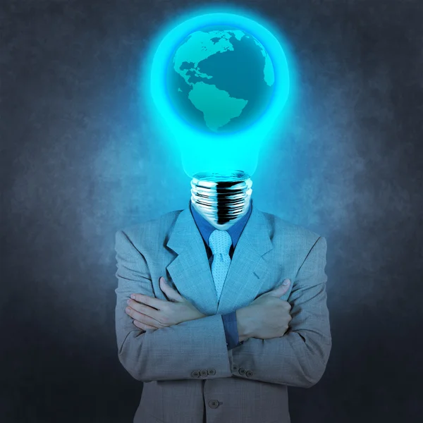 Businessman with lamp-head and world inside concept on texture b — Stock Photo, Image