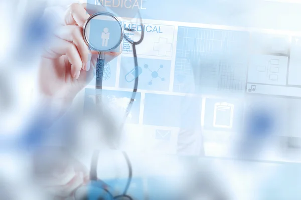 Medicine doctor hand working with modern computer interface as m — Stock Photo, Image