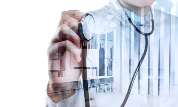 Double exposure of smart medical doctor working with operating r — Stock Photo, Image