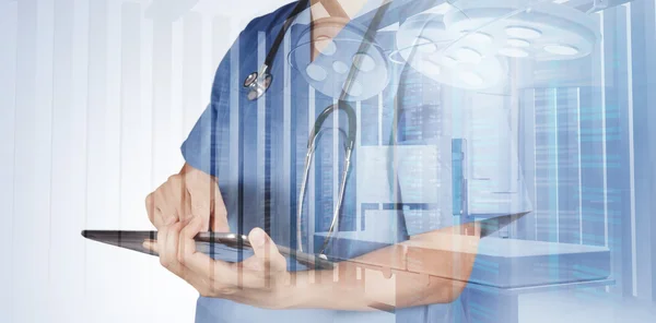 Double exposure of smart medical doctor working with operating r — Stock Photo, Image