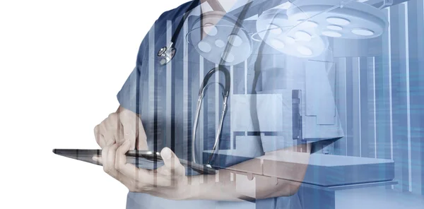 Double exposure of smart medical doctor working with operating r — Stock Photo, Image