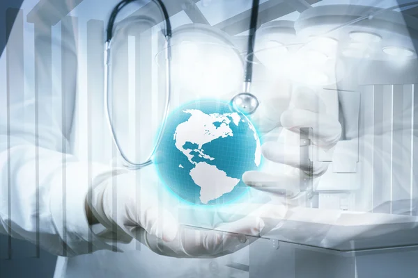 Double exposure of smart medical doctor holding the world with o — Stock Photo, Image