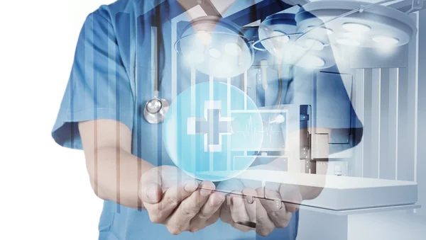 Double exposure of smart medical doctor holding the world with n — Stock Photo, Image