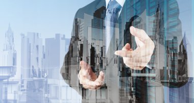 İşadamı çift pozlama el çalışma 