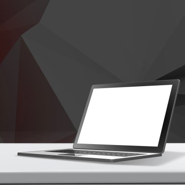 Boş ekranda laminat masa ve düşük Poli geometri ile dizüstü bilgisayar