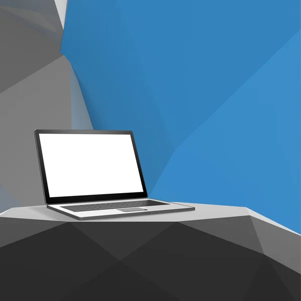 Laptop with blank screen on laminate table and low poly geometri — Stock Photo, Image
