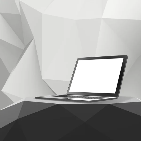 Portátil con pantalla en blanco sobre mesa laminada y geometría poli baja —  Fotos de Stock