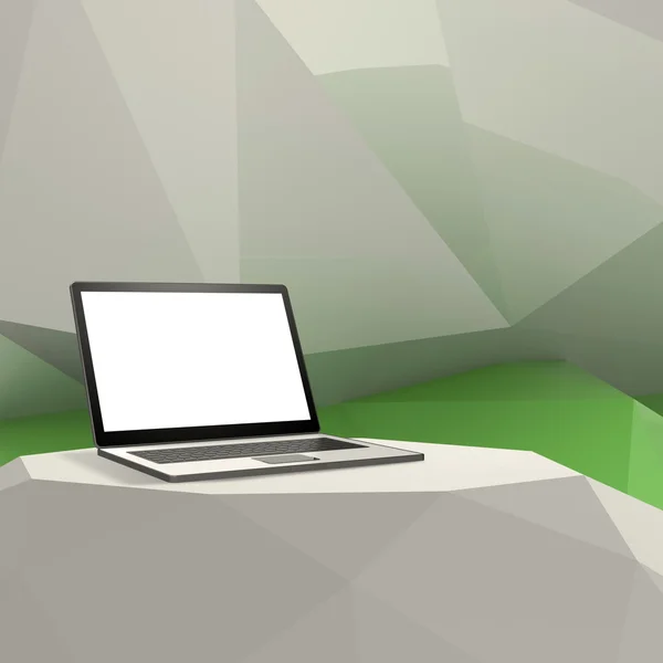 Ноутбук с чистым экраном на ламинатном столе и низкой геометрией поли — стоковое фото