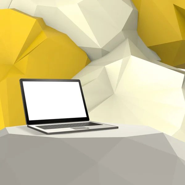 Laptop con schermo bianco su tavolo laminato e geometri a basso poli — Foto Stock