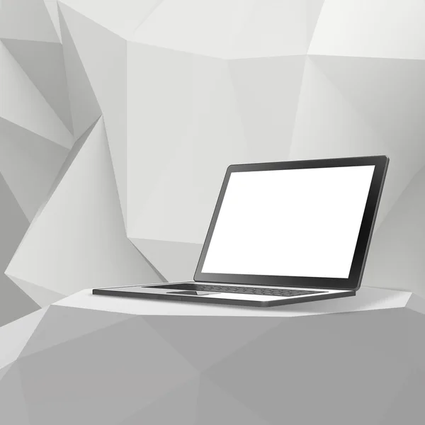 Laptop con pantalla en blanco en estante laminado abstracto vacío y lo —  Fotos de Stock