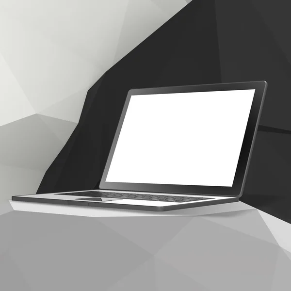 Přenosný počítač s prázdnou obrazovkou na prázdné abstraktní laminátové police a lo — Stock fotografie