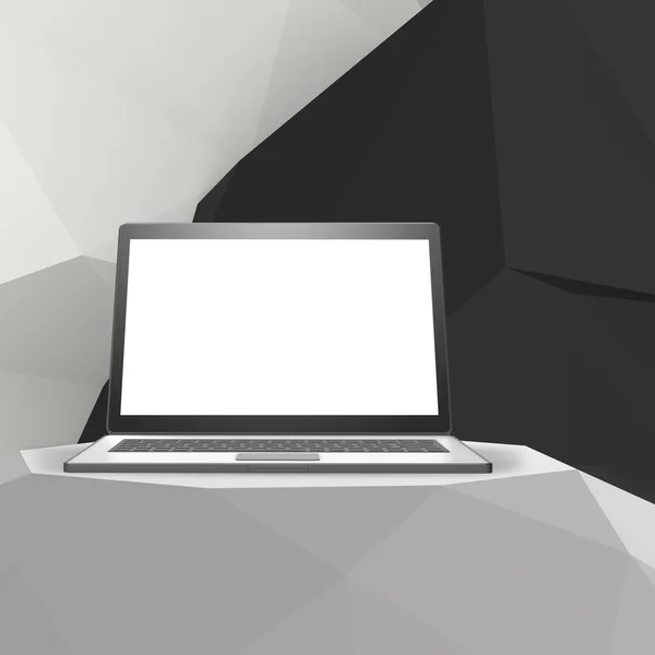 Laptop met leeg scherm op lege abstracte laminaat plank en lo — Stockfoto