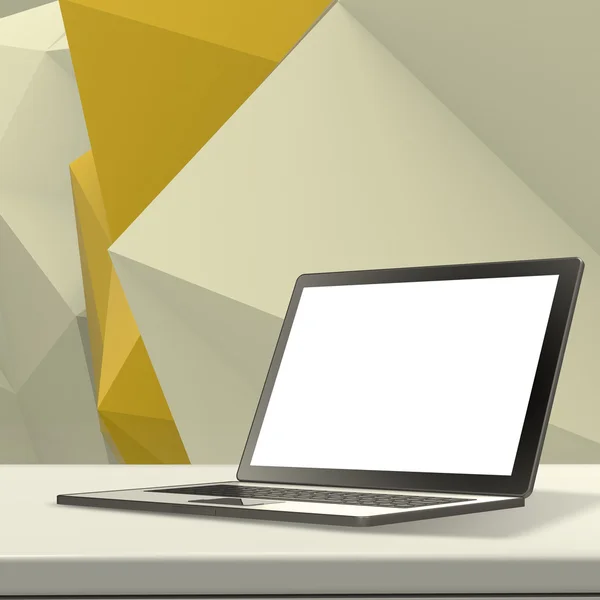 Laptop com tela em branco na mesa laminada e baixo poli geometri — Fotografia de Stock