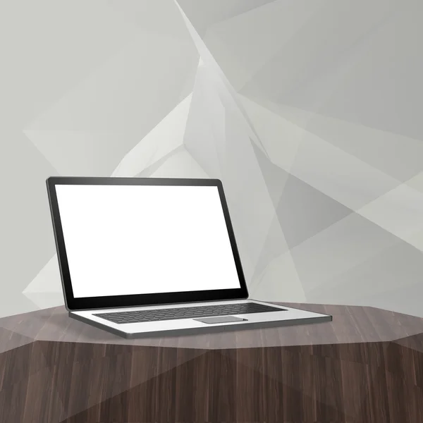 Laptop z pustego ekranu na pusty streszczenie półki laminowane i lo — Zdjęcie stockowe