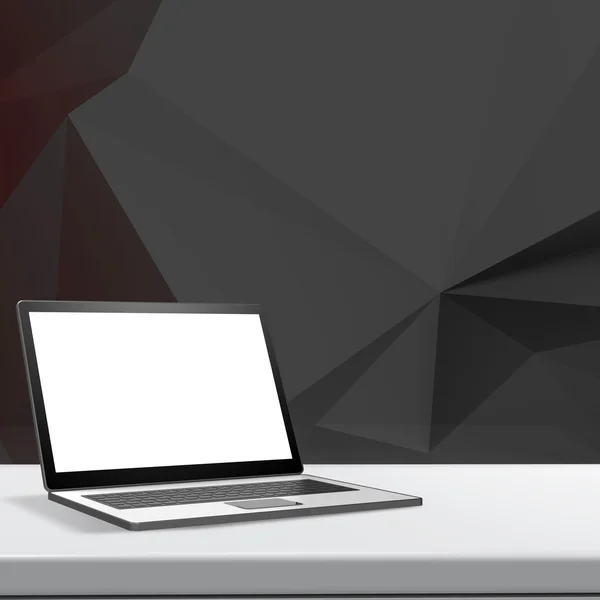 Laptop with blank screen on laminate table and low poly geometri — Stock Photo, Image