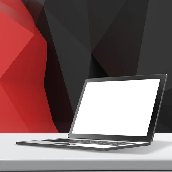 Laptop with blank screen on laminate table and low poly geometri — Stock Photo, Image