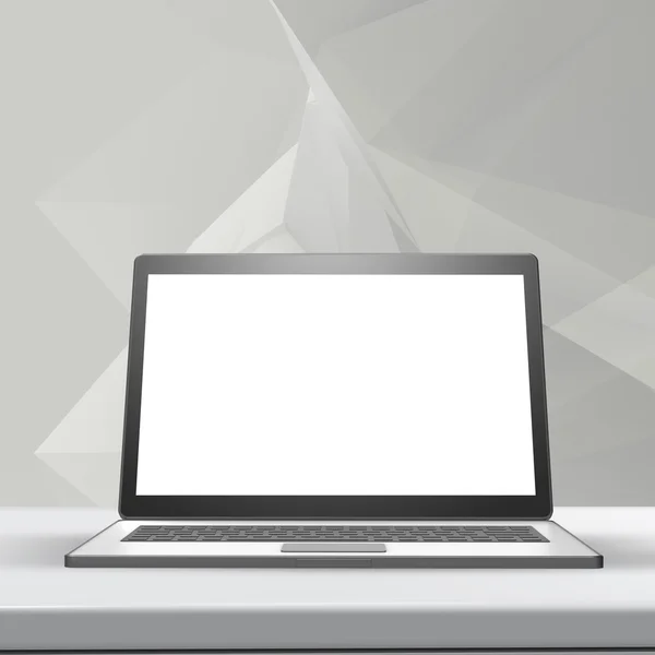 Laptop z pustego ekranu na stół laminat i low poly geometri — Zdjęcie stockowe