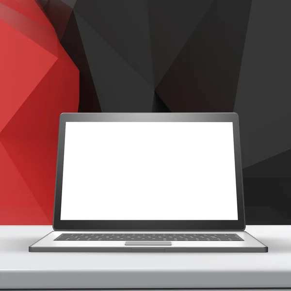 Laptop met leeg scherm op laminaat tabel en laag poly geometri — Stockfoto