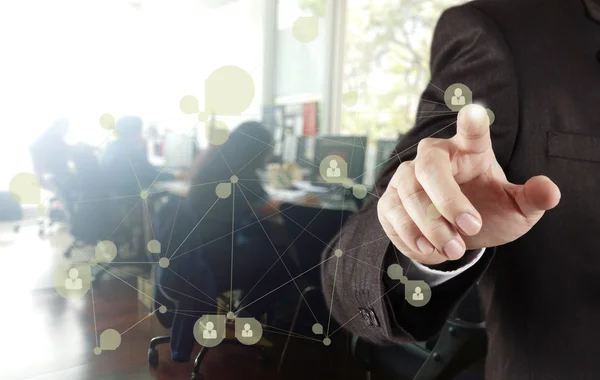 Doble exposición del hombre de negocios que trabaja con una nueva computadora moderna —  Fotos de Stock