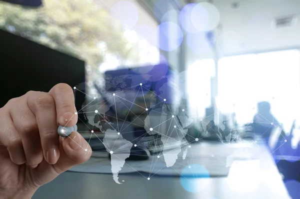 Doble exposición del hombre de negocios que trabaja con una nueva computadora moderna — Foto de Stock