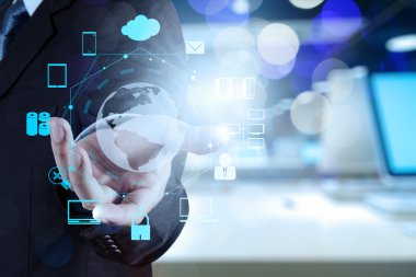 İşadamı çift pozlama modern teknoloji concep gösterir.