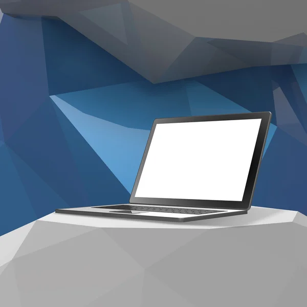 Laptop med blank skärm på laminat bord och låg poly geometri — Stockfoto
