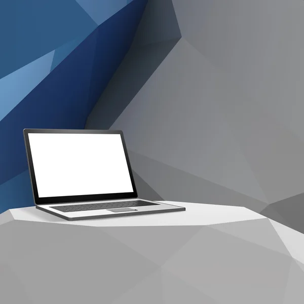 Laptop med blank skärm på laminat bord och låg poly geometri — Stockfoto