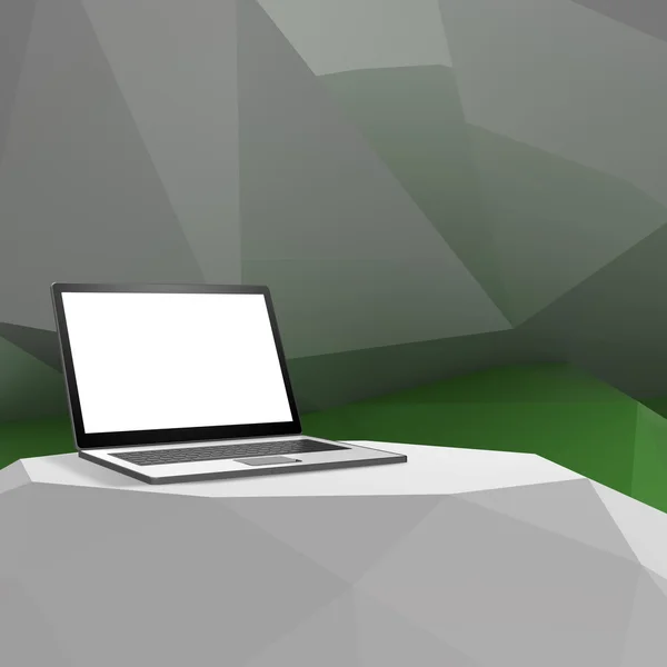 Ноутбук з порожнім екраном на ламінованому столі і низьким полігеометрієм — стокове фото