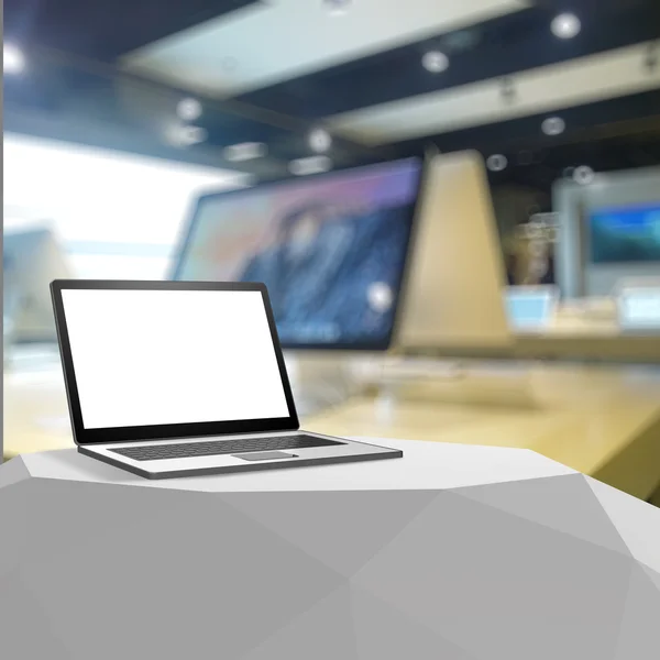 3d Laptop with blank screen on laminate table and blurred backgr — Stock Photo, Image