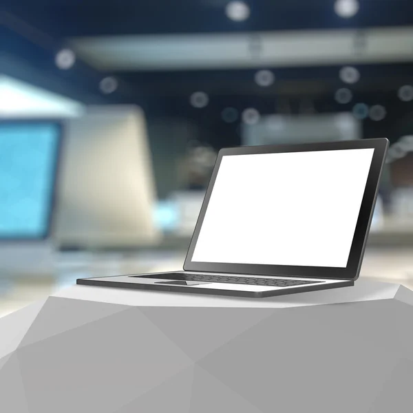 Laptop 3d con pantalla en blanco sobre tabla laminada y fondo borroso —  Fotos de Stock