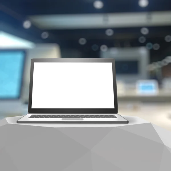 3D-laptop met leeg scherm op laminaat tabel en wazig backgr — Stockfoto