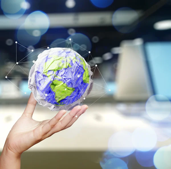 Double exposure of businesswoman hand showing crumpled paper and — Stock Photo, Image