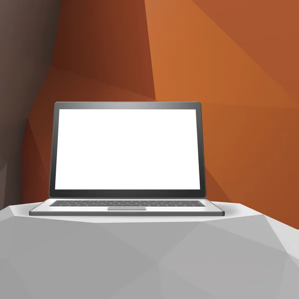 Ноутбук з порожнім екраном на ламінованому столі і низьким полігеометрієм — стокове фото